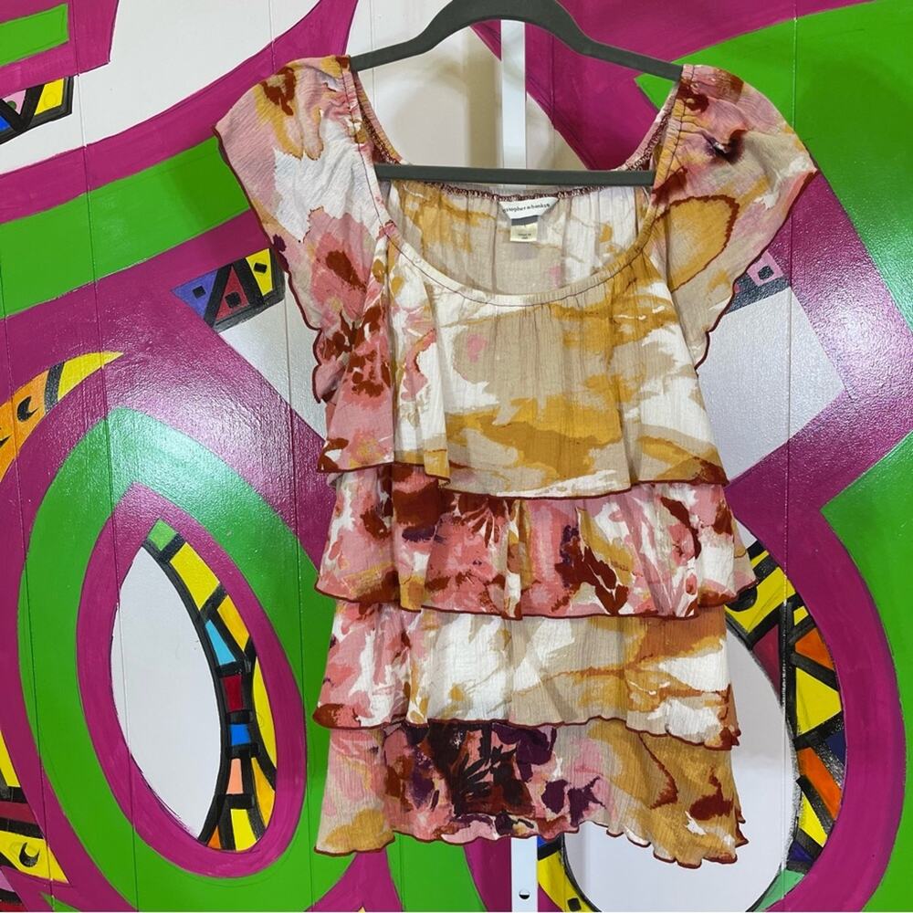 Christopher & Banks, Abstract Floral Ruffle Blouse. Size Large. Excellent cond!